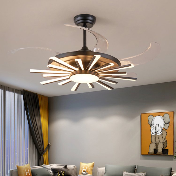 Bladeless Retractable Black Industry Ceiling Fan Chandelier Living Room Large Round Modern Ceiling Fan With Led Light