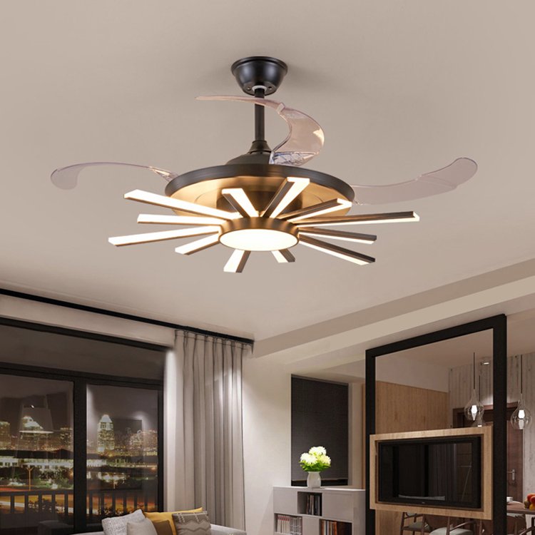 Bladeless Retractable Black Industry Ceiling Fan Chandelier Living Room Large Round Modern Ceiling Fan With Led Light