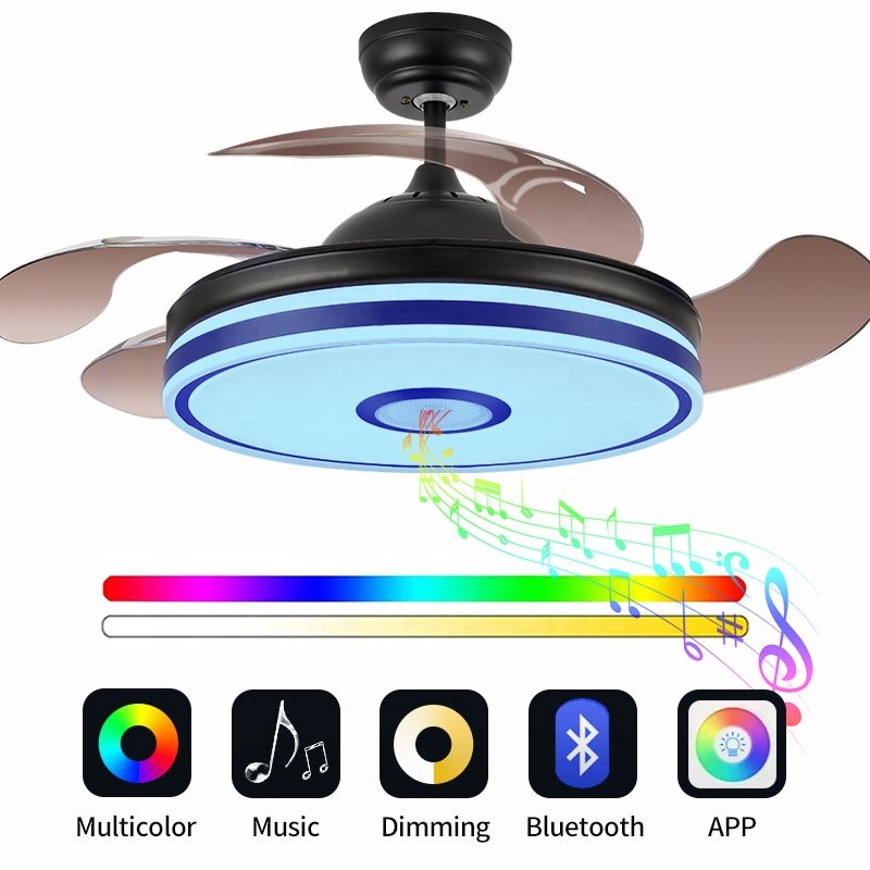 2019-RGB Ventilador De Techo Con Luz LED 36W DC Altavoz 3 Tonalidades Con Memoria Aspas Retractiles 6velocidades Control Remoto