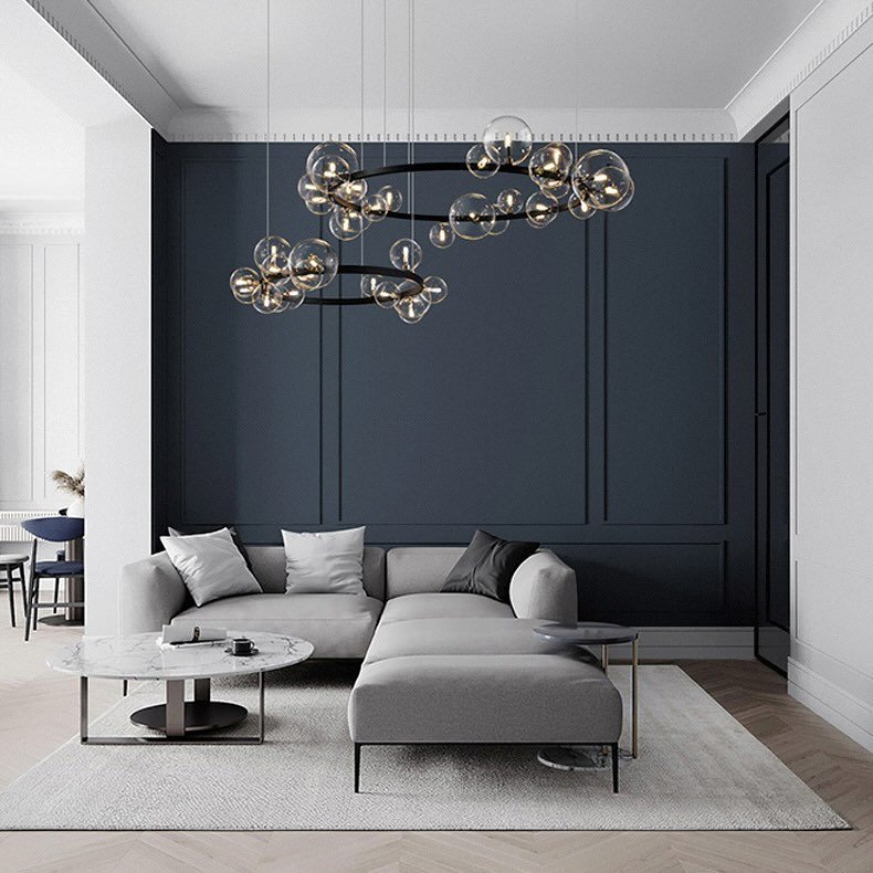 Black Luxury High Ceilings Round Pendant Light Led Hanging Lamp Dining Bedroom Living Room Modern Glass Bubble Chandelier
