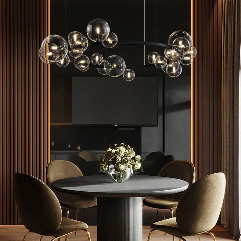 Black Luxury High Ceilings Round Pendant Light Led Hanging Lamp Dining Bedroom Living Room Modern Glass Bubble Chandelier