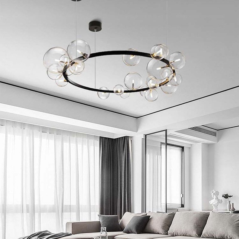 Black Luxury High Ceilings Round Pendant Light Led Hanging Lamp Dining Bedroom Living Room Modern Glass Bubble Chandelier