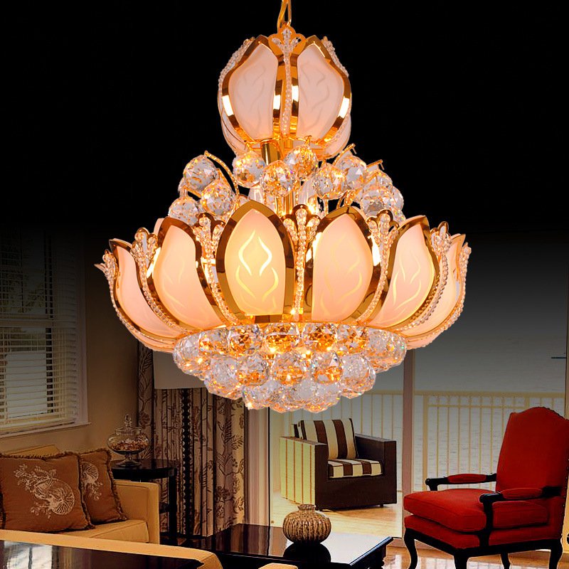 European Gold Dining Room Crystal Round LED Bedroom Chandeliers Dining Room Staircase Pendant Lamps