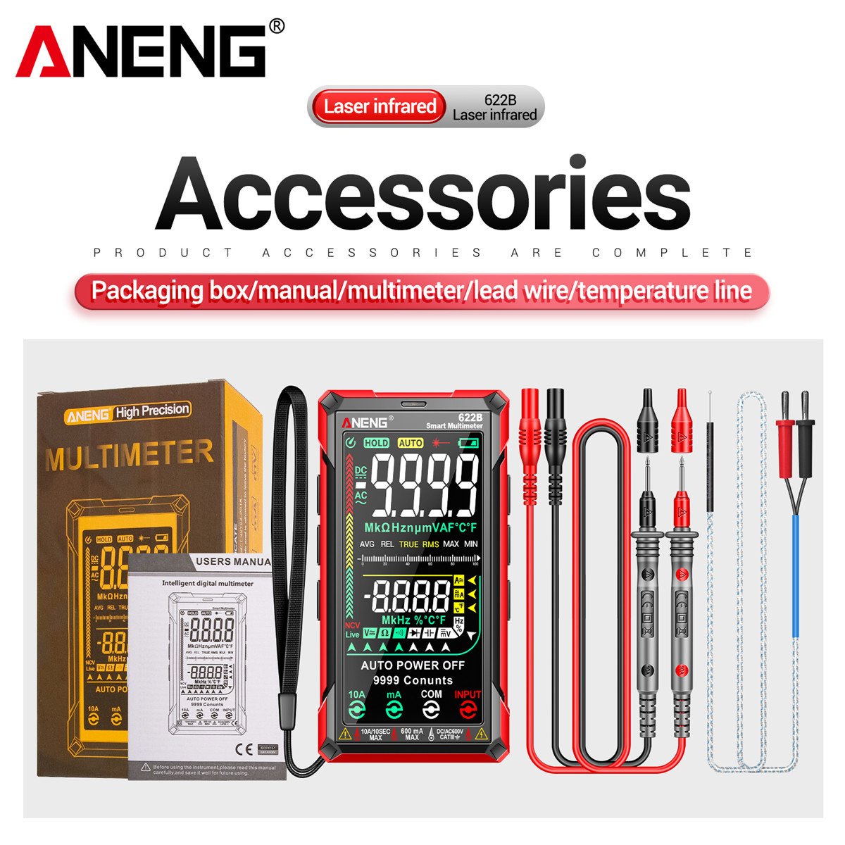 Digital Smart Multimeter 10A Tester Meter Auto Range True RMS 9999 Professional Electrician Tools ANENG 622B