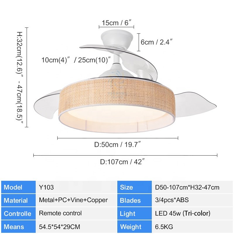 Y103 New 42 Inch Wave Shaped Invisible Fan Light 110 220v Decorative Bladeless Remote Control Vine Art Fan Pendant Lamp