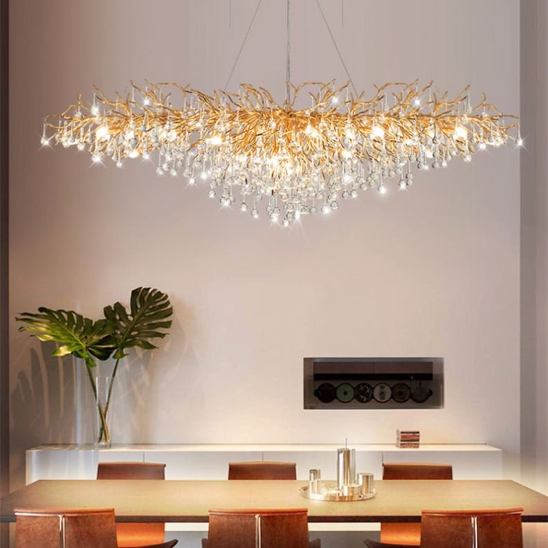 Gold Tree Branch Crystal Pendant Raindrop Chandelier Island Kitchen Bedroom Lamps Remote Control Project Installation Service