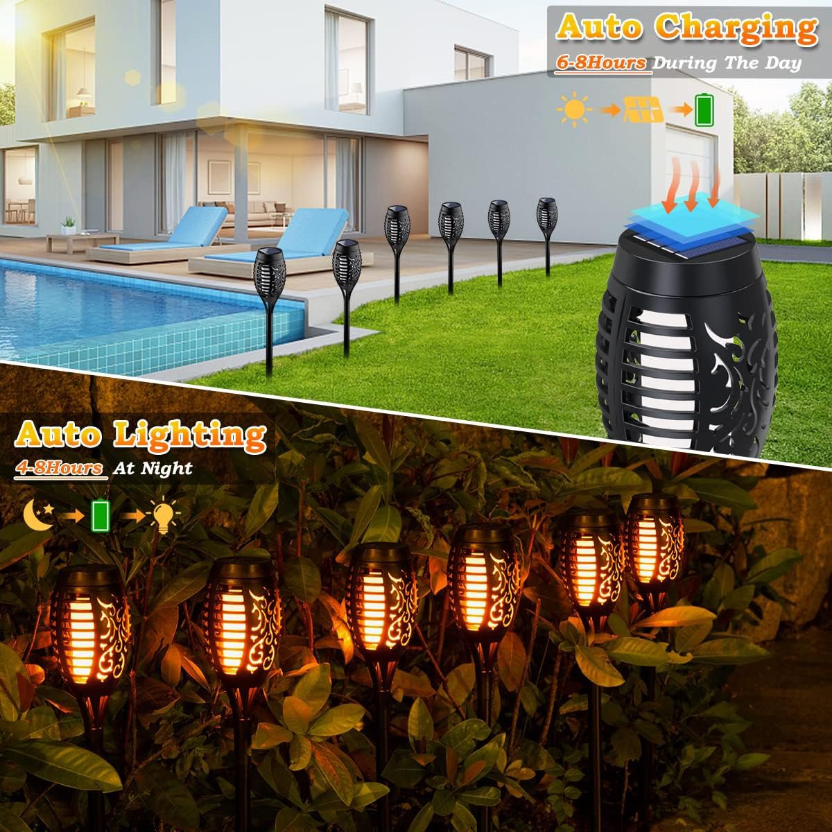 New 96LED 6pcs Large Solar Powered Torch Lights with Blue Green Purple Fire Flickering Flame Light for Halloween Outdoor Yard