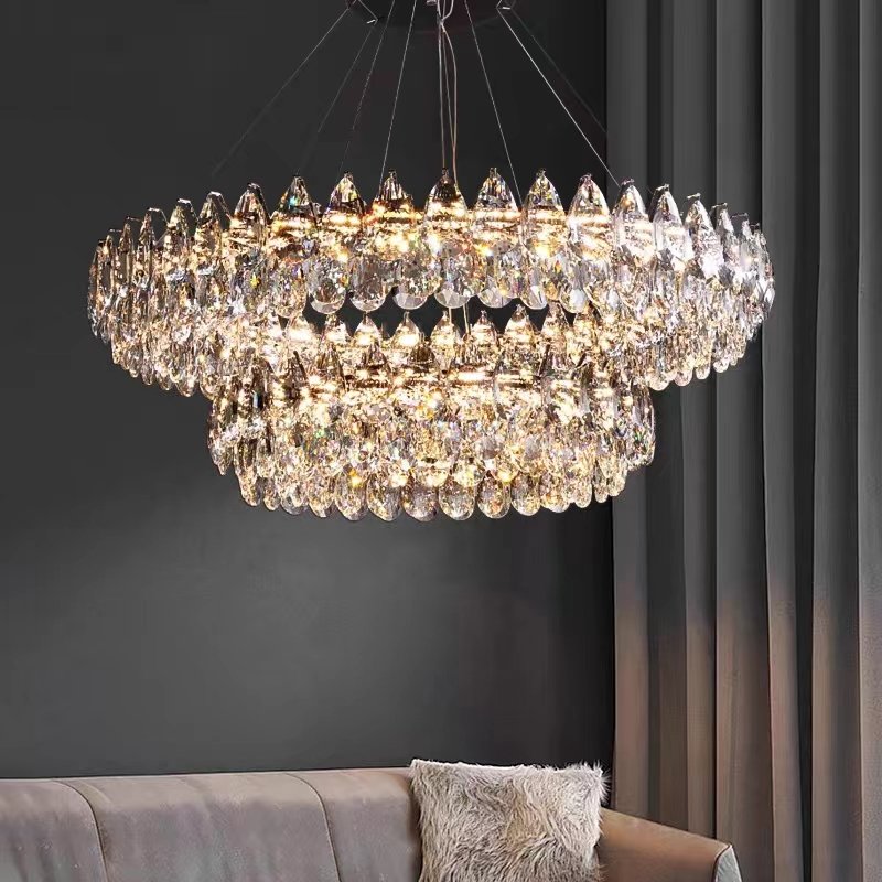 Factory Suppliers 2 Layers Round Indoor Luxury Ceiling Chandelier Silver Led Living Room Crystal Chandeliers & Pendant Lights