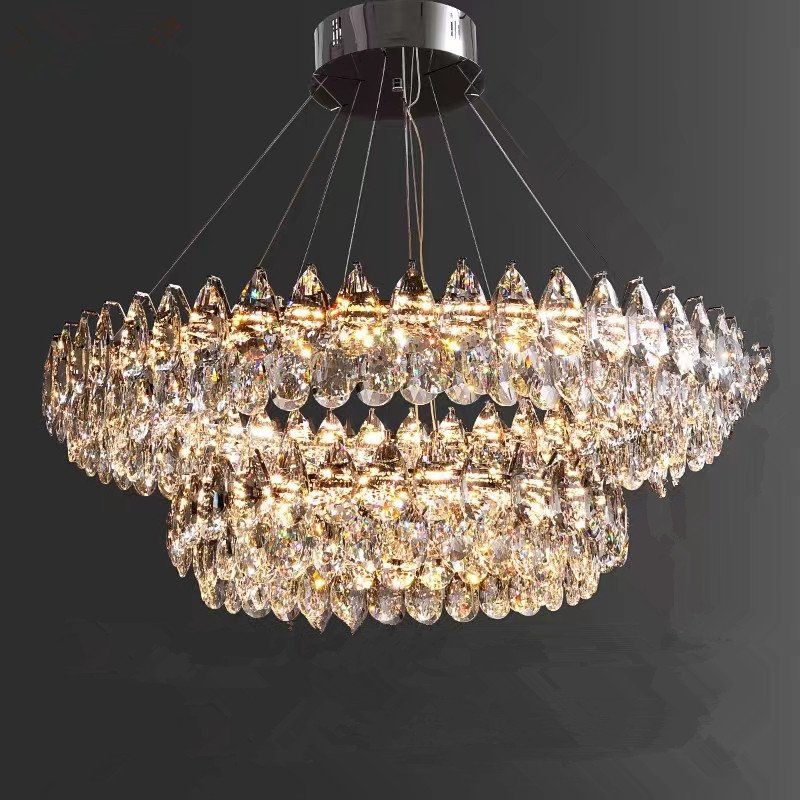 Factory Suppliers 2 Layers Round Indoor Luxury Ceiling Chandelier Silver Led Living Room Crystal Chandeliers & Pendant Lights