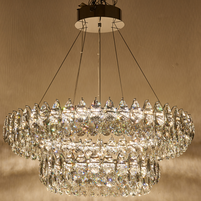 Factory Suppliers 2 Layers Round Indoor Luxury Ceiling Chandelier Silver Led Living Room Crystal Chandeliers & Pendant Lights