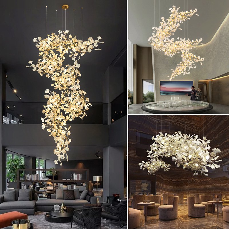 Custom Project Indoor Decoration Luxury Ginkgo Leaf Pendant Light Hotel Villa Home Shop Ginko Ceramic Chandelier