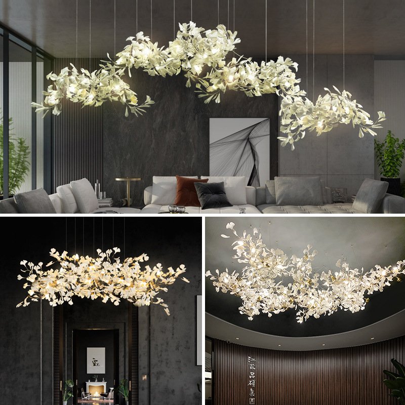 Custom Project Indoor Decoration Luxury Ginkgo Leaf Pendant Light Hotel Villa Home Shop Ginko Ceramic Chandelier