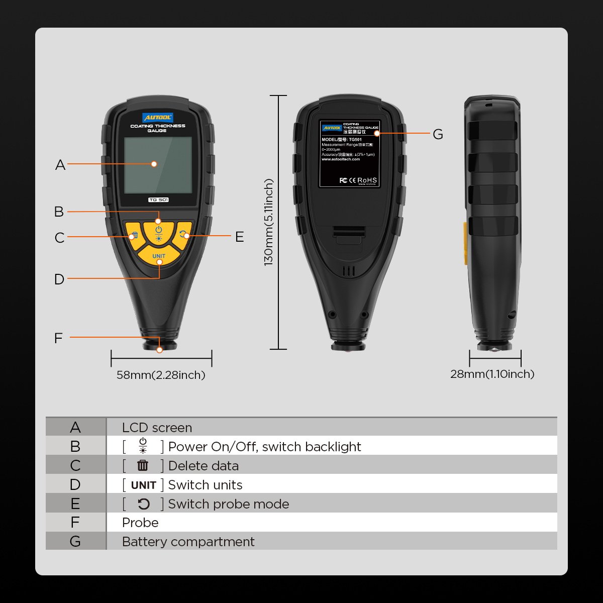AUTOOL TG501 Coating Thickness Sensor Probe Gauge Meter Tester Measurement Instrument for Used Car Dealer