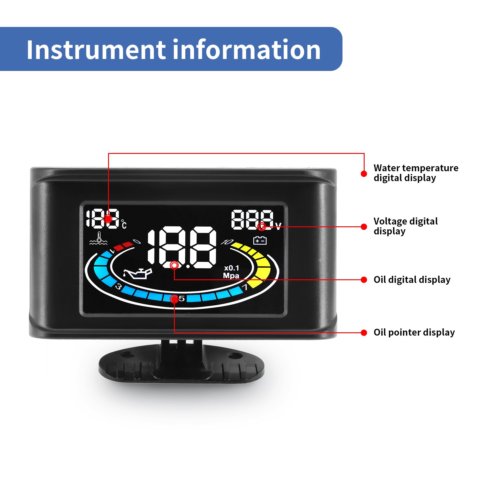 4 In 1 LCD Car Digital Oil Pressure Gauge Voltmeter Fuel Level Meter 1/8 NPT Oil Pressure Sensor + Water Temperature Sensor 10mm