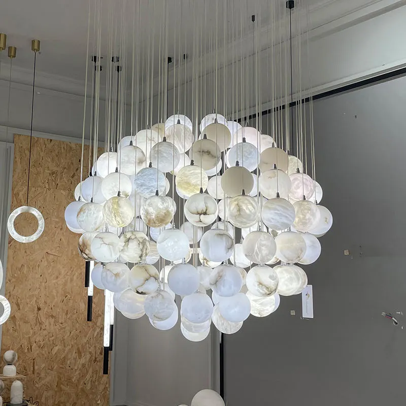Contemporary Italian White Ball Alabaster Marble Globe Chandelier Art Decoration Ceiling Lamp Apherical Pendant Light