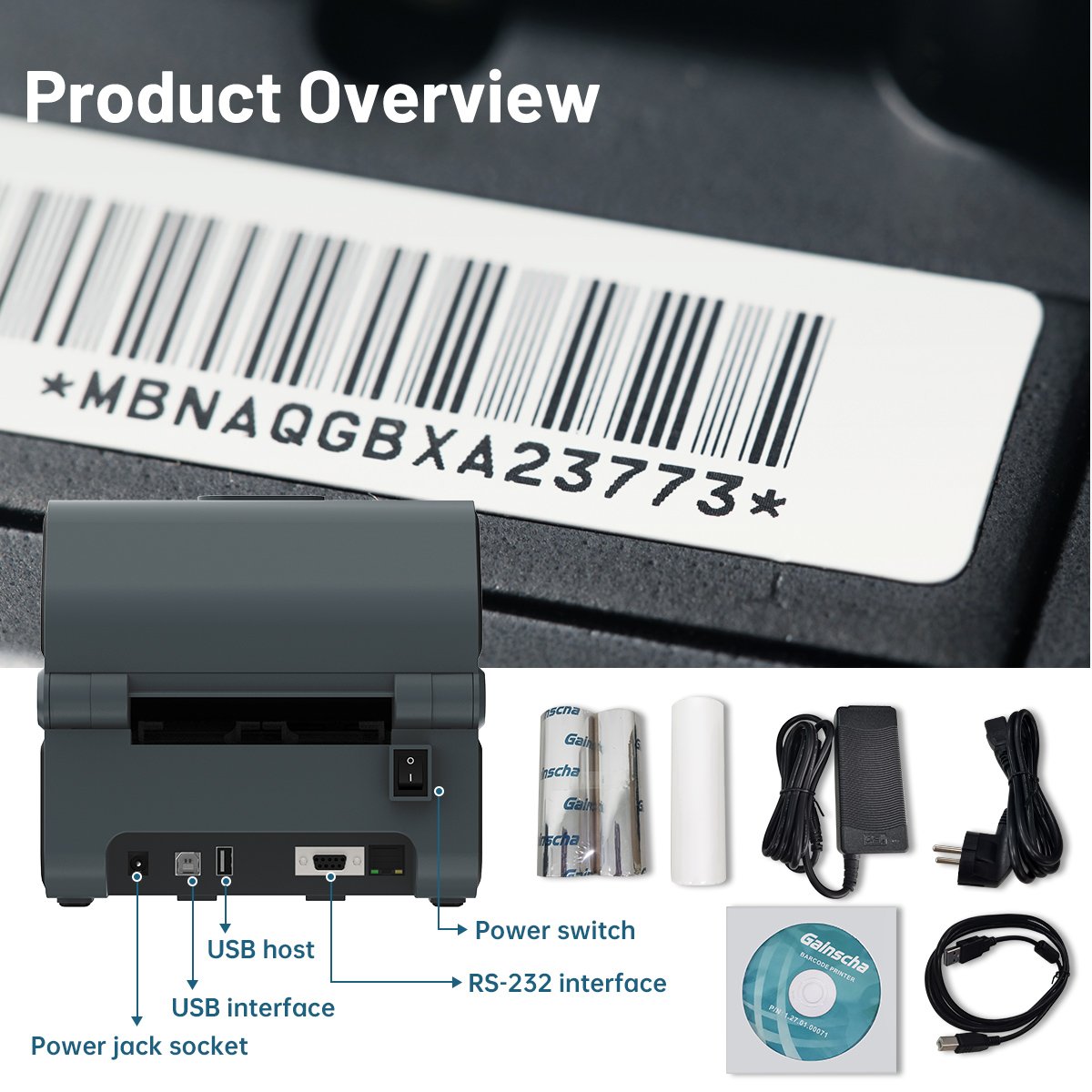 Gainscha GS-2406T Plus Desktop Thermal Transfer Barcode Printer No Ink Thermal Printer