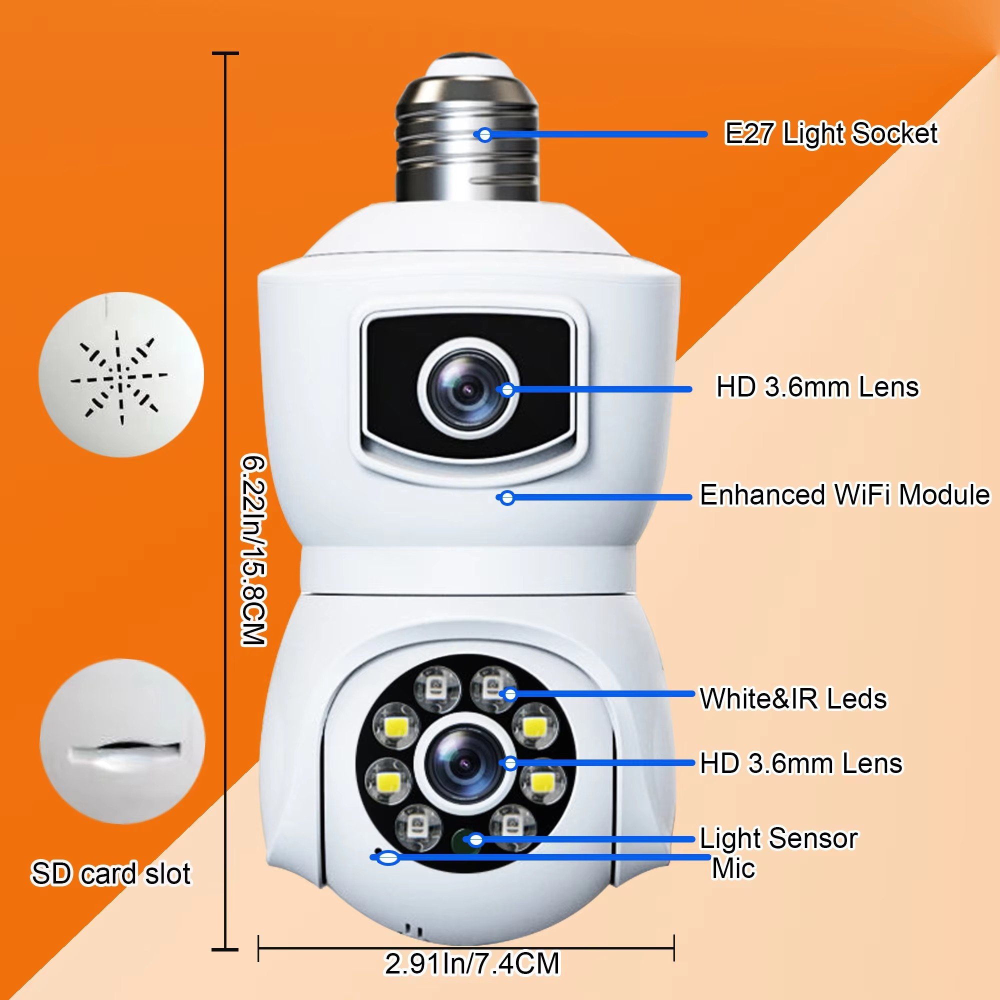 E9 4g 4K Dual Screen Bulb WiFi Camera 2MP Cctv Ip Dual Lens Auto Tracking Two Way Audio 360 Night Vision Outdoor Security Camera