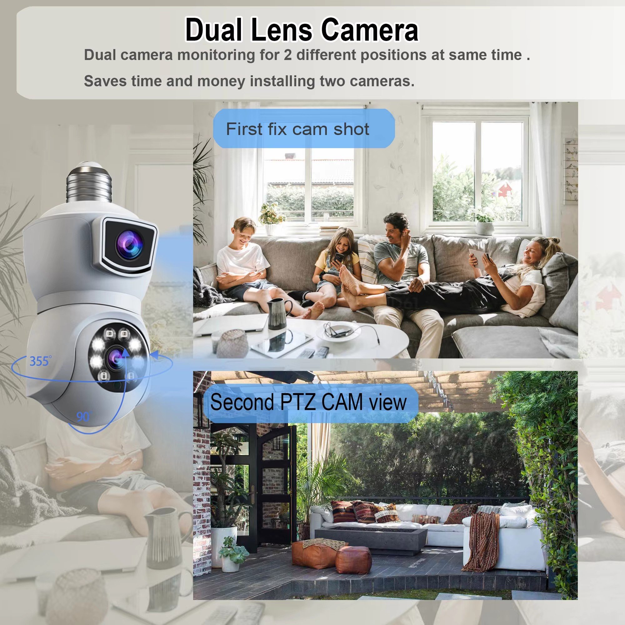 E9 4g 4K Dual Screen Bulb WiFi Camera 2MP Cctv Ip Dual Lens Auto Tracking Two Way Audio 360 Night Vision Outdoor Security Camera