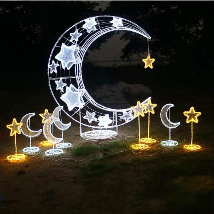 Christmas 3D Star Moon Snowflake Outdoor Lighting Holiday Street Commercial Decoration Big Custom Sculpture Metal Motif Lights