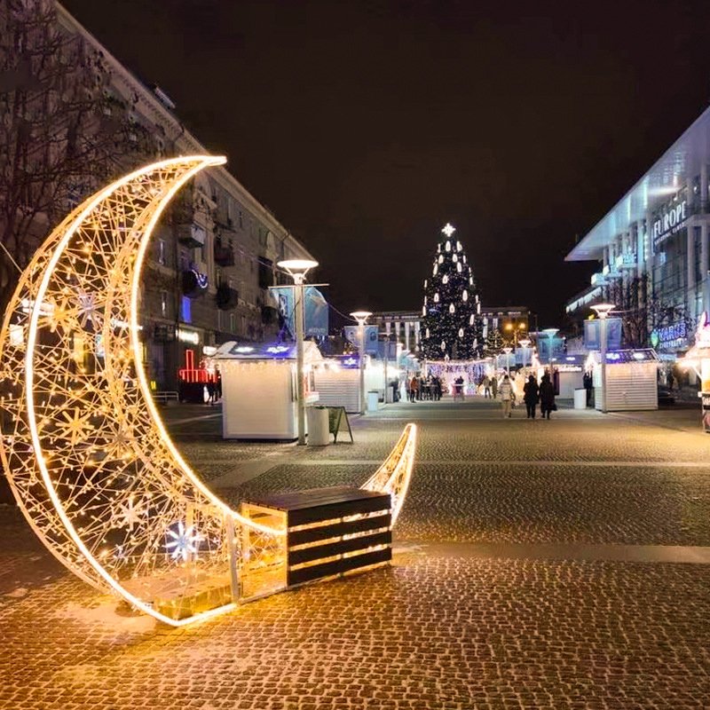 Christmas 3D Star Moon Snowflake Outdoor Lighting Holiday Street Commercial Decoration Big Custom Sculpture Metal Motif Lights