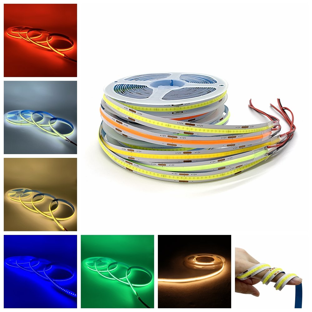 Flexible COB Led Strip Light RGB Waterproof Super Bright 12V 24V 320leds 384leds 528leds High Lumen 8mm 10mm Width Multicolor PC