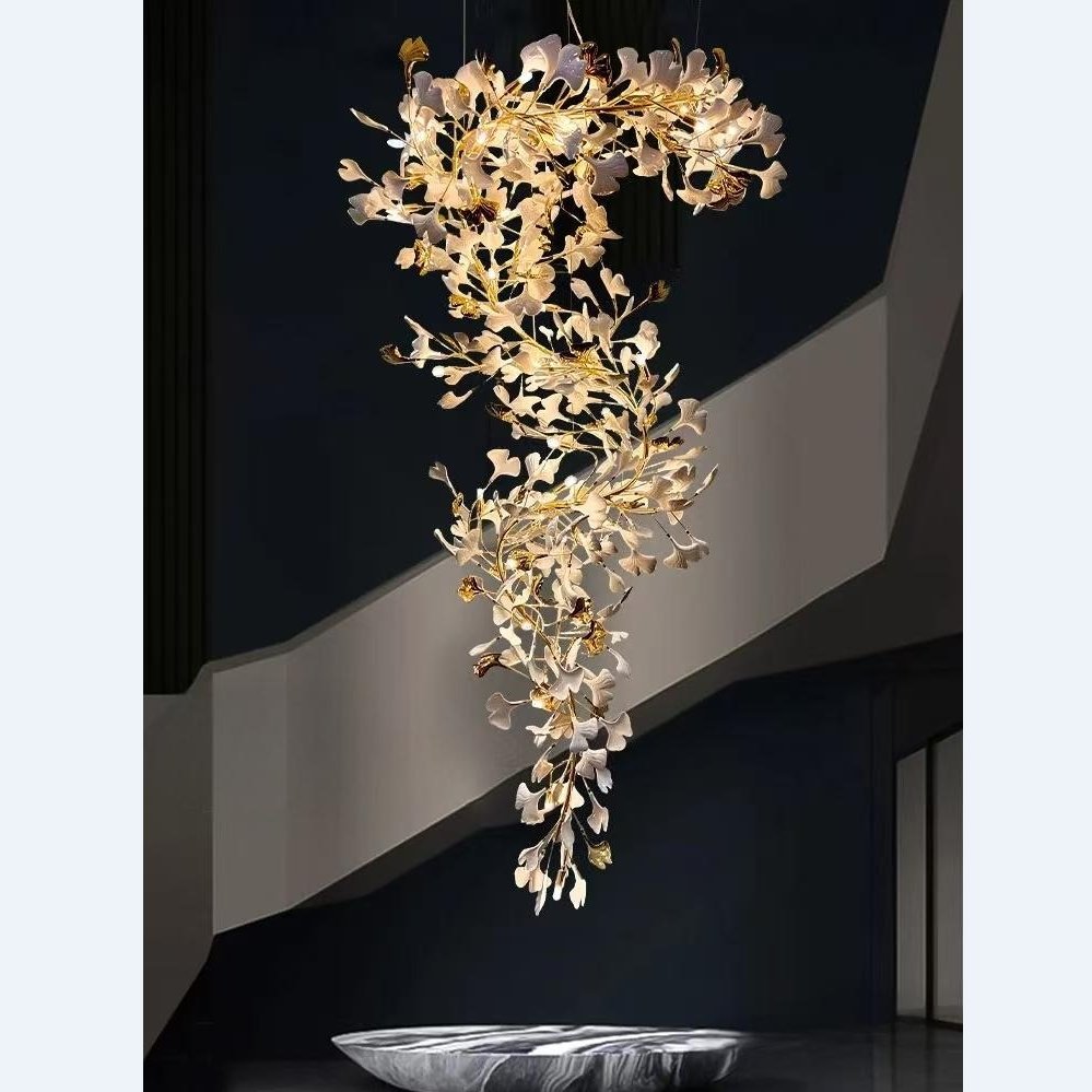 High Ceiling Ginkgo Leaf Flower Custom Led Chandelier Hotel Restaurant Large White Ceramic Loft Apartment Long Chandeliers