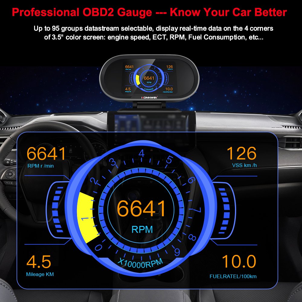 KONNWEI KW206 Car OBD2 HUD Digital Meter Gauge Smart OBD Speedometer