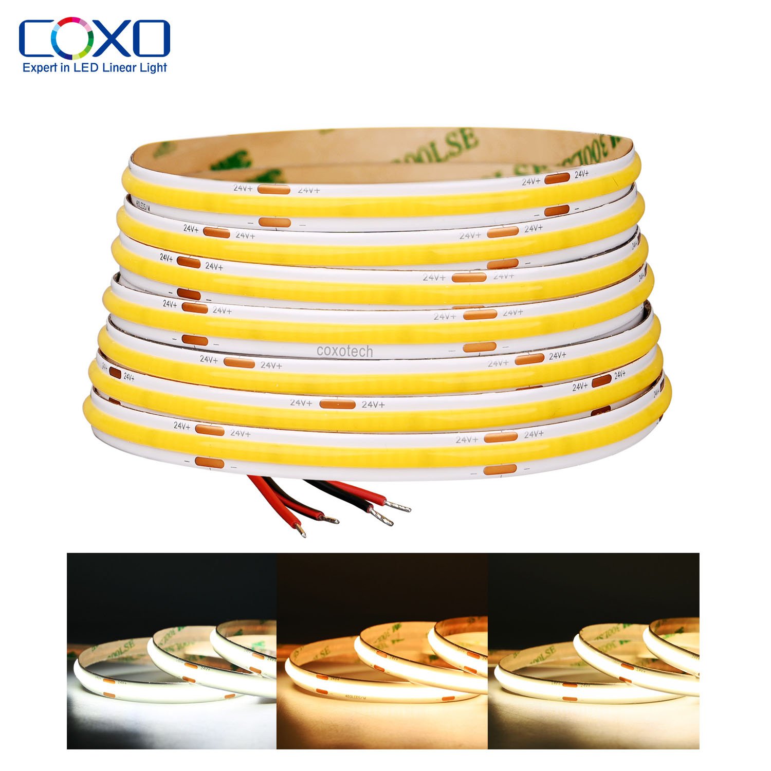 Coxo Dotless Cob Led Light Strip 24v 12v Ce Rohs Ul 3000K 4000K 6500K ShenZhen Flexible Tunable Smart Cob Led Strip