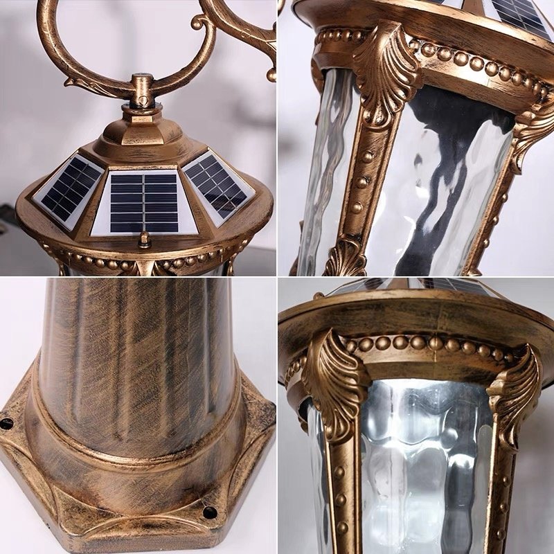 Outdoor Classic Waterproof Antique 2M3M Solar Garden Lamp IP65 Cast Iron Aluminum Lamp Post LED Light Source Glass Body Garden