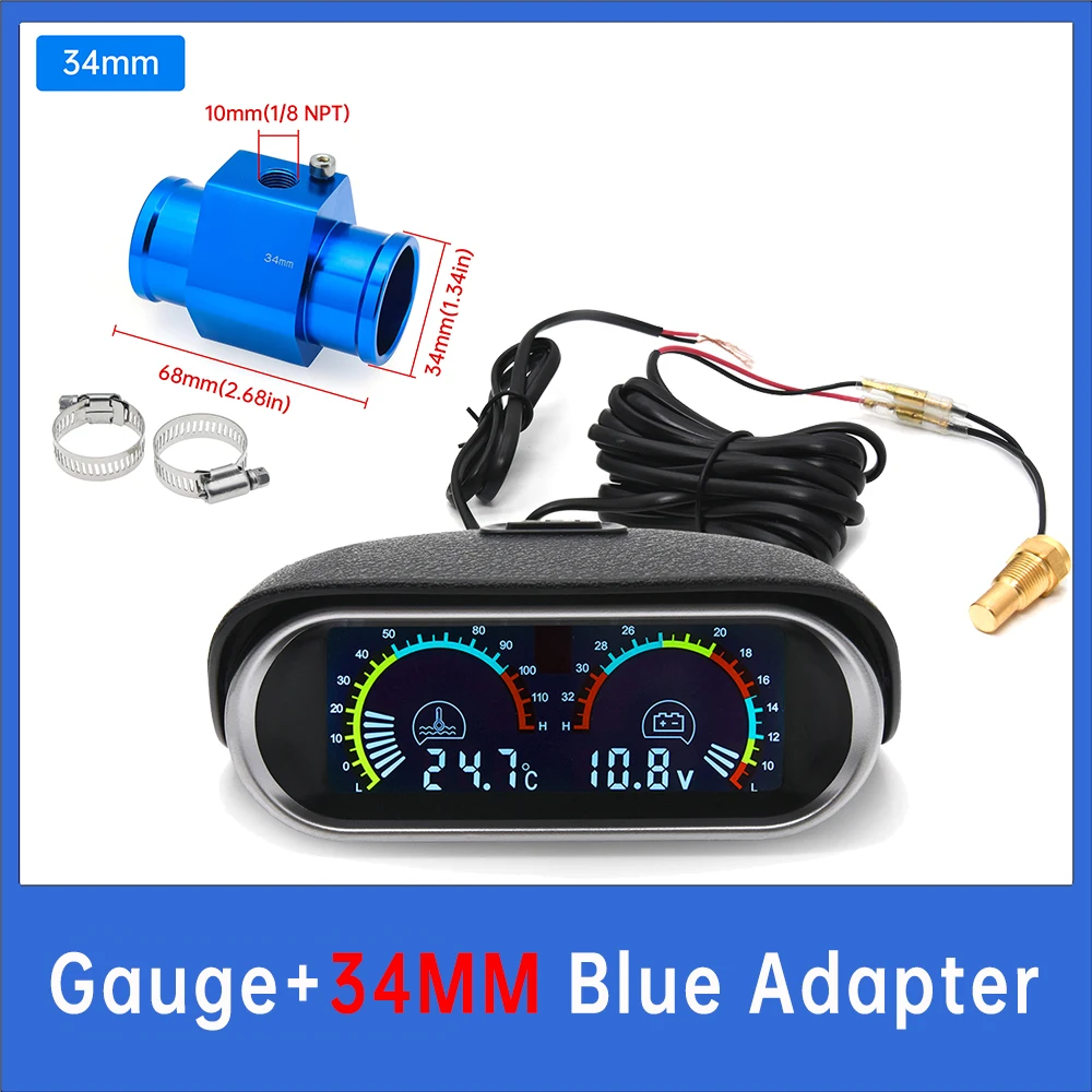 12V 24V Universal 2 in 1 LCD Car Digital Water Temp Gauge Voltmeter Auto Motorcycle Sensor 10mm With Adapter 1/8NPT