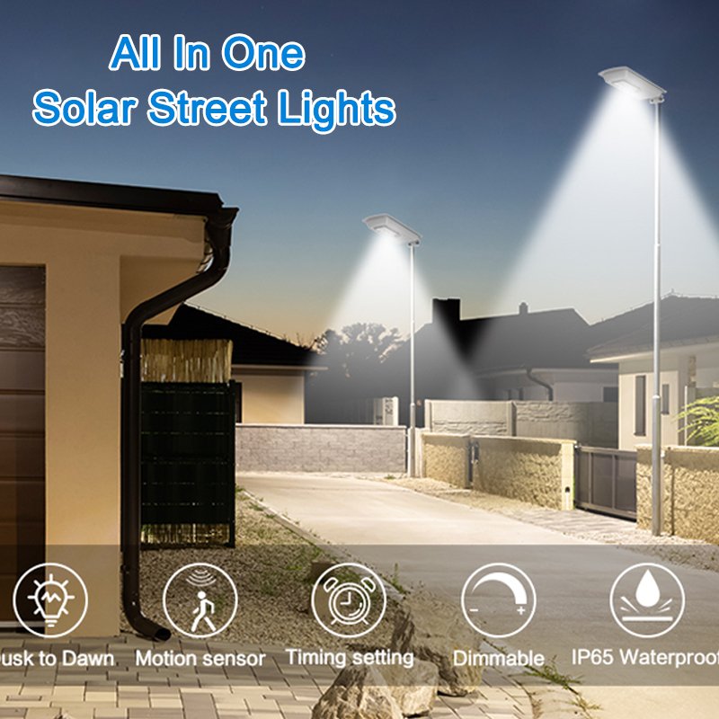 Outdoor Waterproof Motion Sensor Auto Dimming Road Garden Smart All in One Solar Street Light Led with Remote