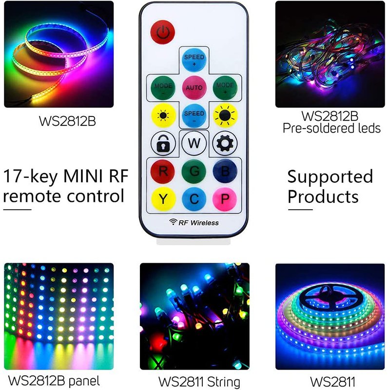 2048 Pixels Max Controlled SP104E RF Remote 17Key Wireless Mini Dimmers DC 5V 12V 24V RGBIC LED Pixel Strip Light Controller