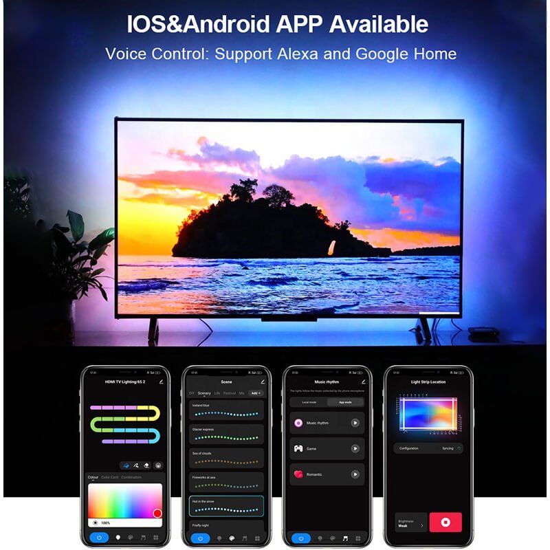 TV Backlight Color Sync Adaptive 55-85 Inch TV Waterproof RGBIC Ambilight TV LED Backlight Strip Light with Sync Box