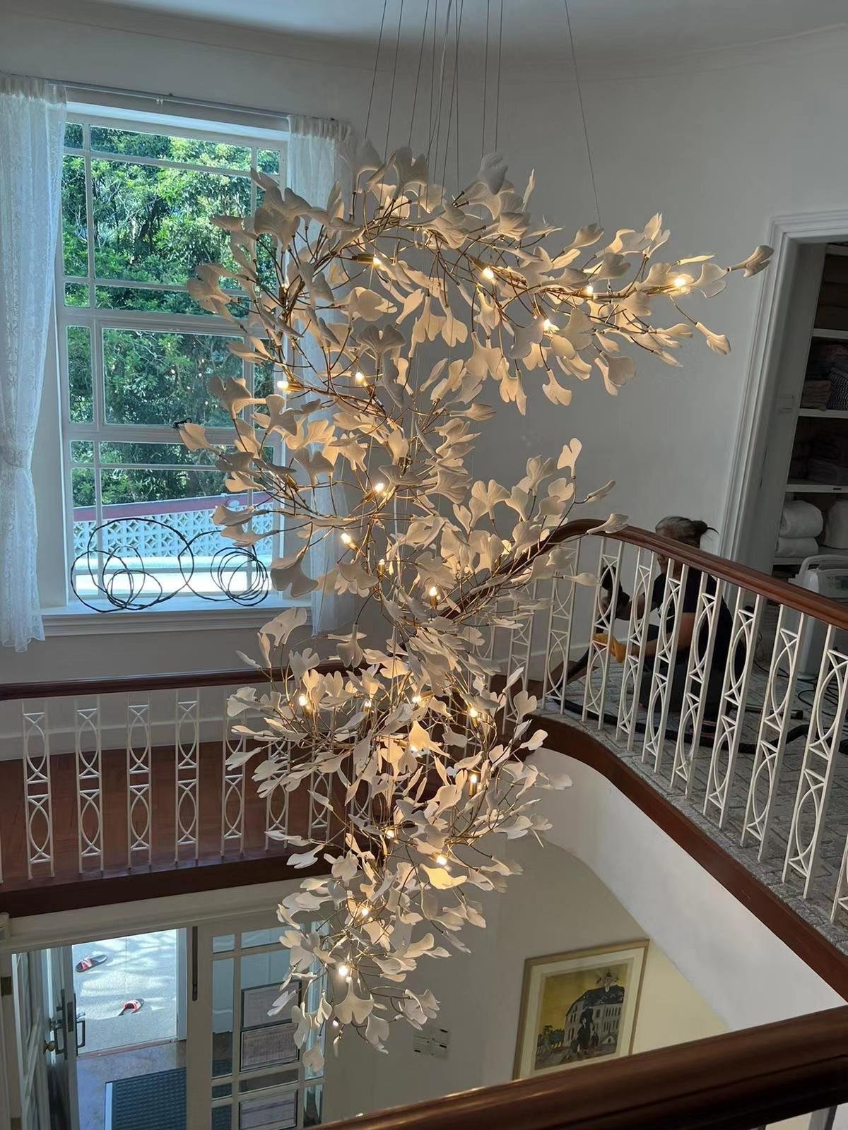 Ceramic Flower Ginkgo Lighting Fixture Leaf Long Chandelier Project Light Luxury Art Chandelier Pendant Lights