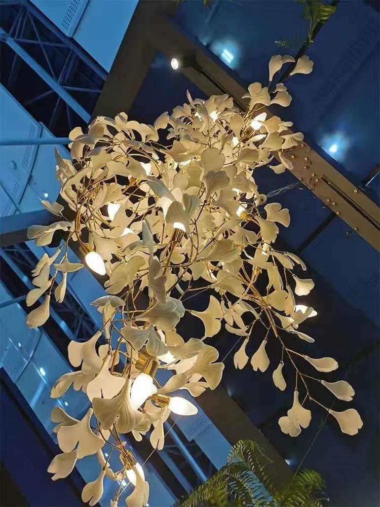Ceramic Flower Ginkgo Lighting Fixture Leaf Long Chandelier Project Light Luxury Art Chandelier Pendant Lights