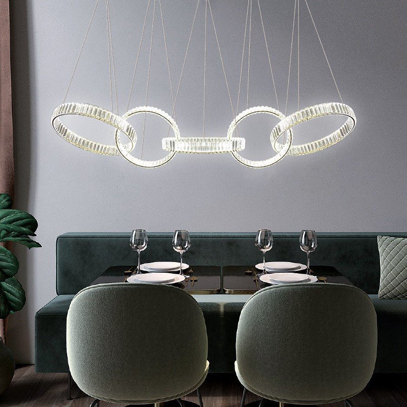 Home Decor 4 Rings High Ceiling Hanging Lamp Steel Led Round Modern Nordic Luxury Crystal Chandelier Pendant Light Restaurant