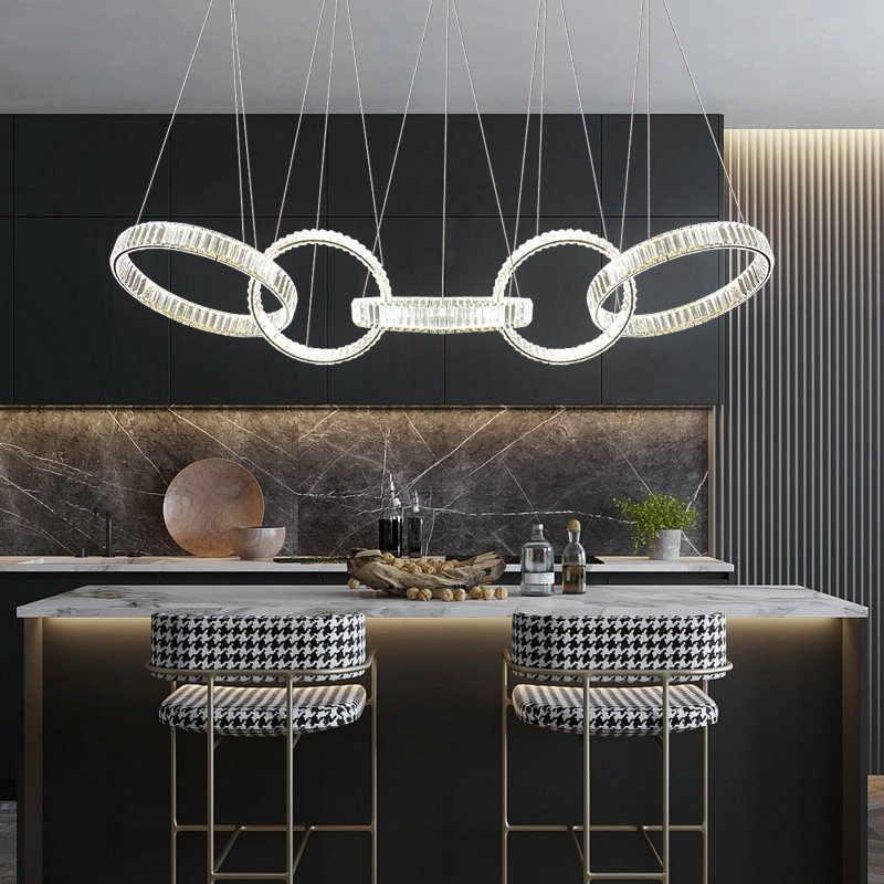 Home Decor 4 Rings High Ceiling Hanging Lamp Steel Led Round Modern Nordic Luxury Crystal Chandelier Pendant Light Restaurant