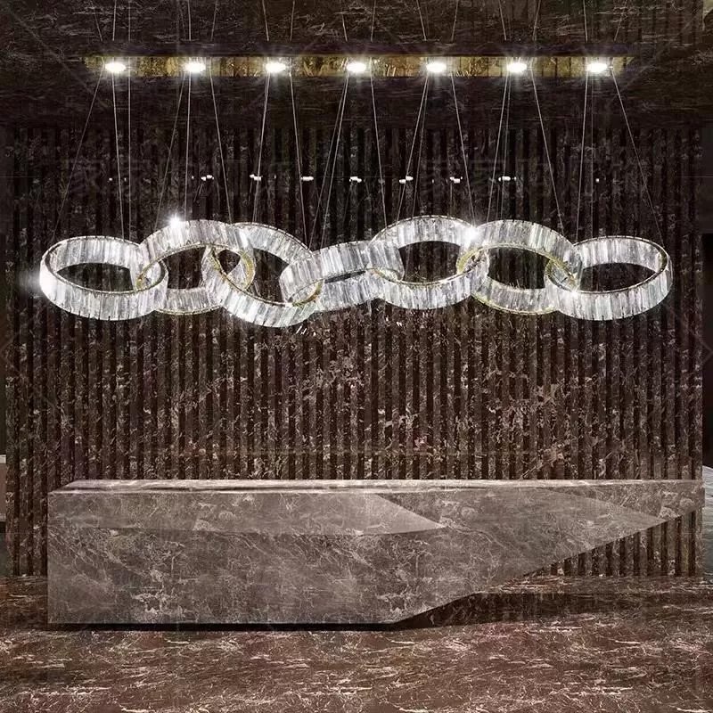 Home Decor 4 Rings High Ceiling Hanging Lamp Steel Led Round Modern Nordic Luxury Crystal Chandelier Pendant Light Restaurant