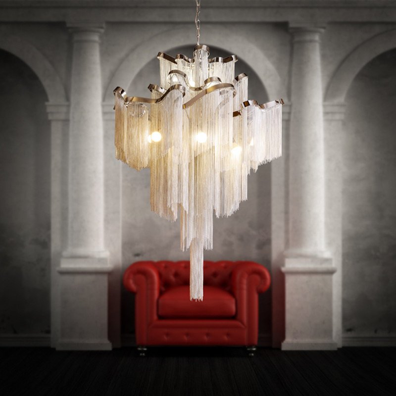 Italy Design Custom Made Large Long Metal Chandelier Duplex Building Living Room Villa Hall Hotel Project Tassel Chandelier