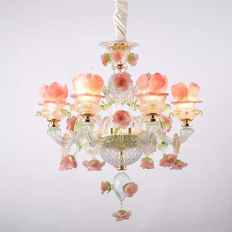 Art Deco Dining Room House Indoor Flower Crystal Glass Lampshade Chandelier Pink Luxury Creative Pendant Light