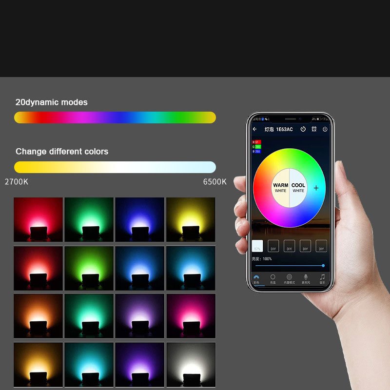 LED Flood Light 100W Equivalent RGB Color Changing Outdoor Smart Floodlights With App Control Timing IP66 Waterproof Flood Light