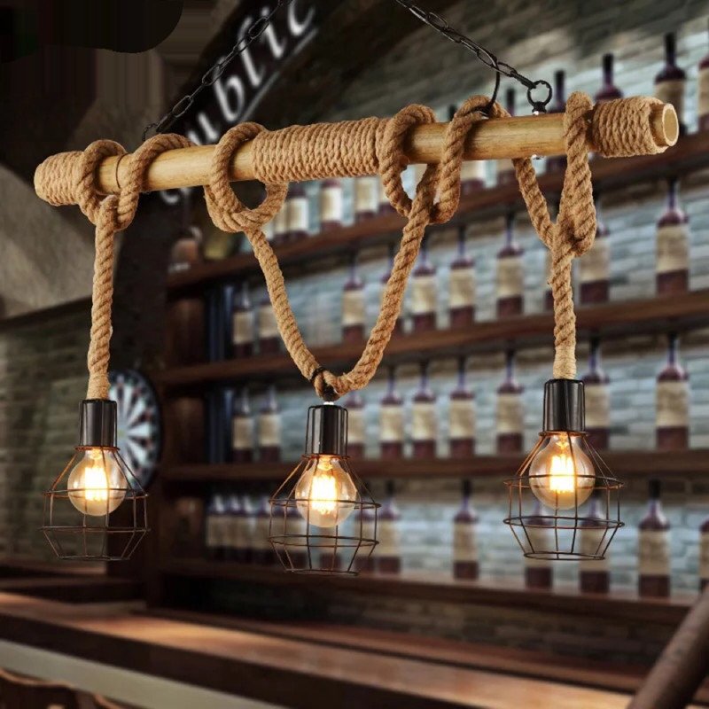 Bamboo Lamp bar Retro Pendant Decoration Restaurant Chandelier Nostalgic Rope Wire E27 Lamp Holder Birdcage Lamp