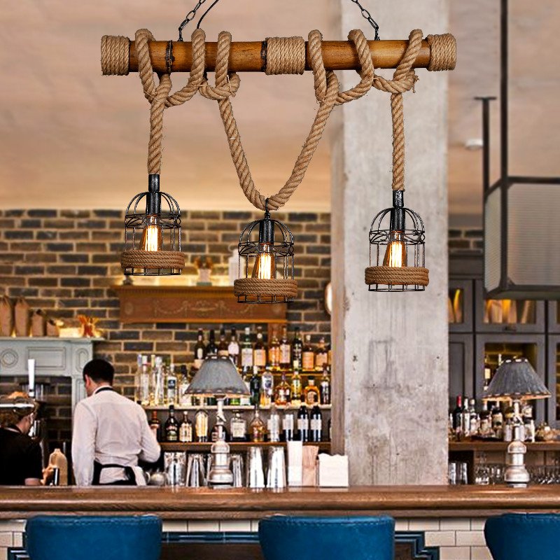 Bamboo Lamp bar Retro Pendant Decoration Restaurant Chandelier Nostalgic Rope Wire E27 Lamp Holder Birdcage Lamp