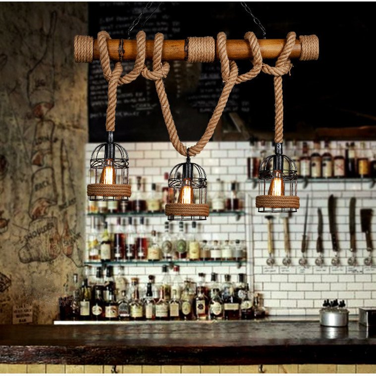 Bamboo Lamp bar Retro Pendant Decoration Restaurant Chandelier Nostalgic Rope Wire E27 Lamp Holder Birdcage Lamp
