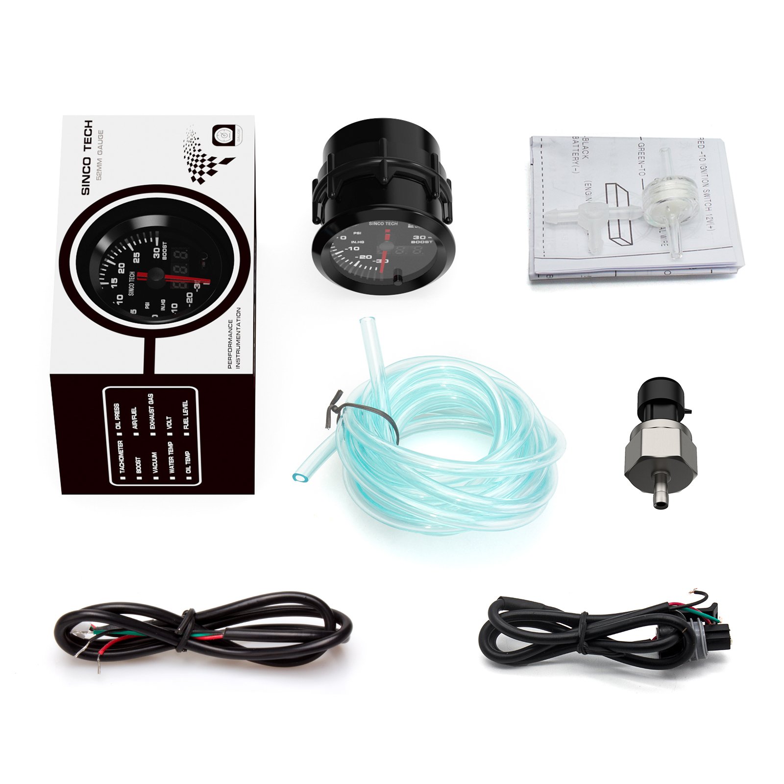 Sinco Tech 6361 Boost Gauge 2 Inch 52mm LED Display Digital 7 Color Backlight Motor Gauge Boost psi Turbo