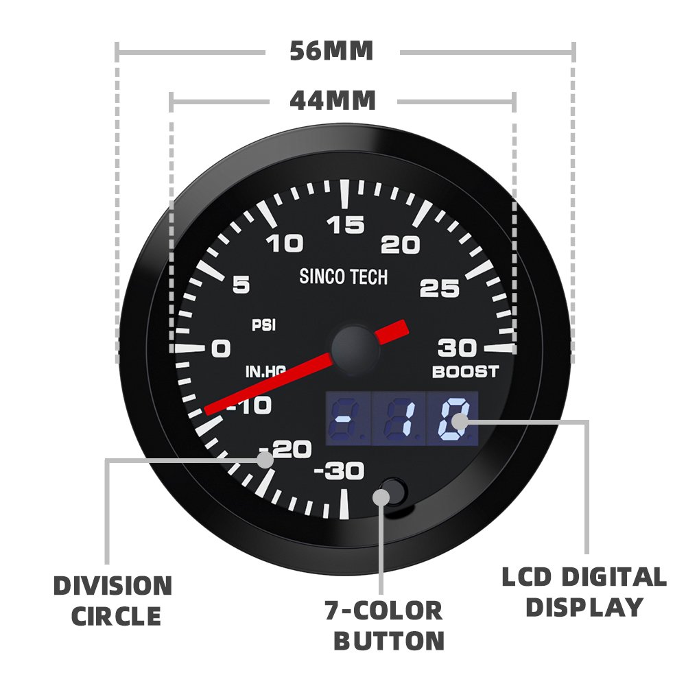 Sinco Tech 6361 Boost Gauge 2 Inch 52mm LED Display Digital 7 Color Backlight Motor Gauge Boost psi Turbo