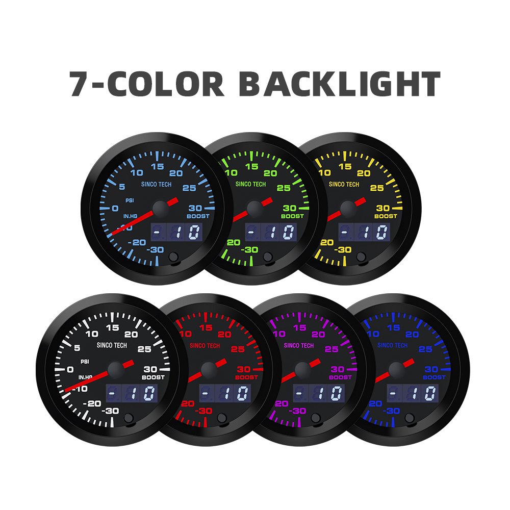 Sinco Tech 6361 Boost Gauge 2 Inch 52mm LED Display Digital 7 Color Backlight Motor Gauge Boost psi Turbo