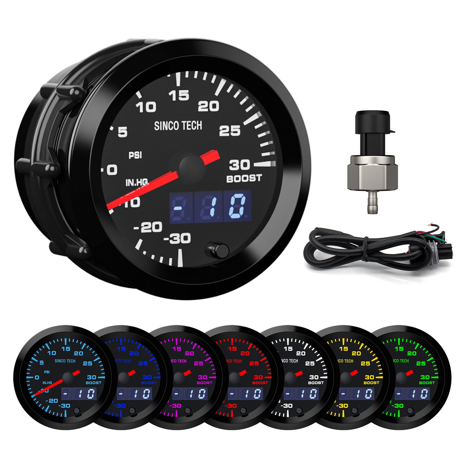 Sinco Tech 6361 Boost Gauge 2 Inch 52mm LED Display Digital 7 Color Backlight Motor Gauge Boost psi Turbo