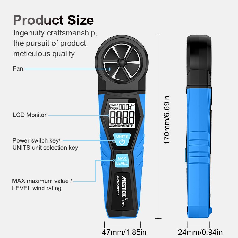 AM10 Auto Testing Low Price Mini Size Digital Anemometer 0.3-30m/s Airometer Wind-gauge Air Temperature Wind Speed Meter