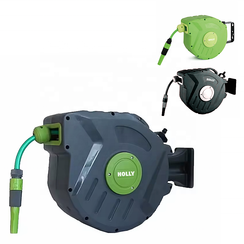 15M Garden Wall Mounted Hose Reel 1/2 Inch 50 Feet Retractable Water Hose Reel Easy Safe Slow Return Rewind Track Lock Hose Reel